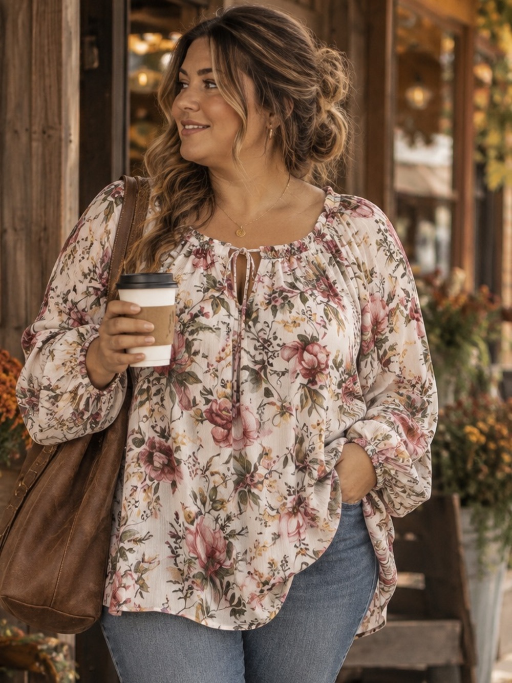 192.) Autres filles / Floral Tie-Neck Peasant Blouse